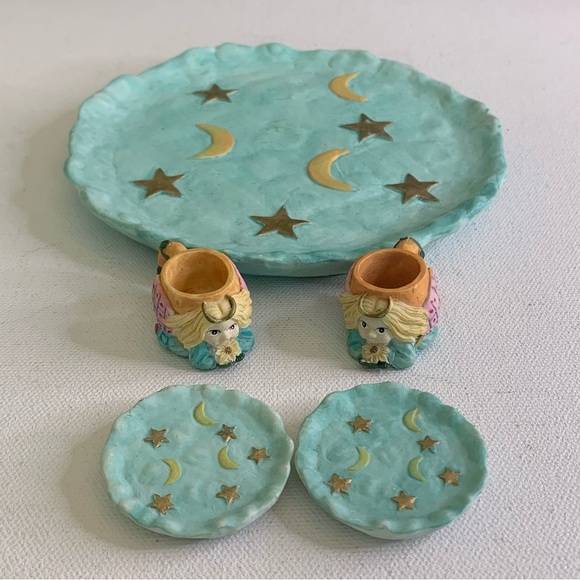 Miniature Tea Set Angels Tea Cups Plates Moon Stars Resin VTG 1995 Young's Inc - Picture 12 of 16